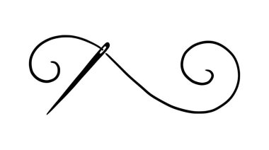 Tailor needle with thread. Hand drawn doodle sketch style sewing needle element. Craft, embroidery tool for textile, sewing shop design. Vector illustration.