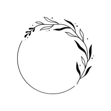 Çember şeklinde çiçekler, sınırda zarif bir çelenk. El çizimi eskiz tarzı. Çiçekli çizim çerçevesi, düğün için gösterişli tasarım unsuru, tebrik kartı. Vektör illüstrasyonu.