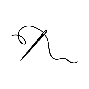 Tailor needle with thread. Hand drawn doodle sketch style sewing needle element. Craft, embroidery tool for textile, sewing shop design. Vector illustration.