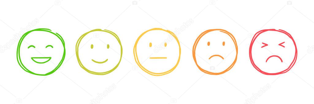 Set of Emoji face icon for customer emotion. Hand drawn sketch style emoji mood, good and bad recommendation. Vector illustration.