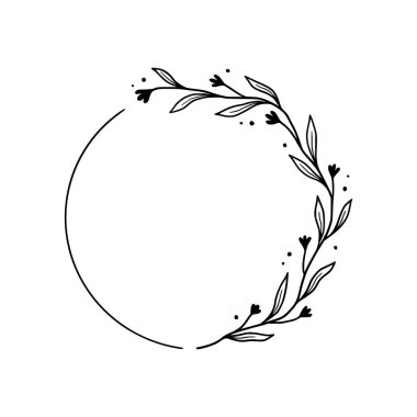 Çember şeklinde çiçekler, sınırda zarif bir çelenk. El çizimi eskiz tarzı. Çiçekli çizim çerçevesi, düğün için gösterişli tasarım unsuru, tebrik kartı. Vektör illüstrasyonu.