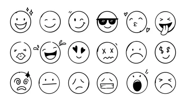 Doodle Emoji face icon set. Hand drawn sketch style. Emoji with different emotion mood, happy, sad, smile face. Comic line art vector illustration.
