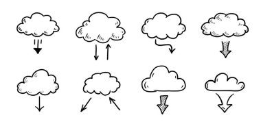 Doodle data server cloud set. Hand drawn sketch style cloud, arrow for internet database, digital storage concept. Vector illustration.