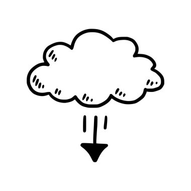 Doodle veri sunucu bulutu. El çizimi taslak tarzı bulut, internet veritabanı için ok dijital depolama, indirme teknolojisi konsepti. Vektör illüstrasyonu.