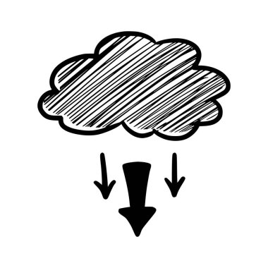 Doodle veri sunucu bulutu. El çizimi taslak tarzı bulut, internet veritabanı için ok dijital depolama, indirme teknolojisi konsepti. Vektör illüstrasyonu.