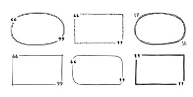 Quote box sketch, text frame set. Hand drawn doodle style quote box, text border with square, bubble, round shape. Vector illustration.