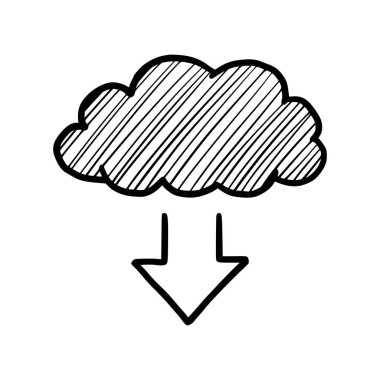 Doodle veri sunucu bulutu. El çizimi taslak tarzı bulut, internet veritabanı için ok dijital depolama, indirme teknolojisi konsepti. Vektör illüstrasyonu.
