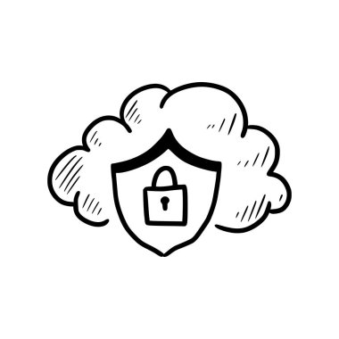 Doodle data server security cloud . Hand drawn sketch style cloud, arrow for internet database, digital storage, download technology concept. Vector illustration.
