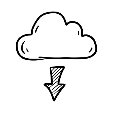 Doodle veri sunucu bulutu. El çizimi taslak tarzı bulut, internet veritabanı için ok dijital depolama, indirme teknolojisi konsepti. Vektör illüstrasyonu.
