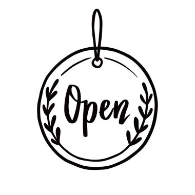 El çizimi açık işaret unsuru. Çizim stili karalama. Dükkan kapısı ya da pencere açık etiket simgesi. Vektör illüstrasyonu.