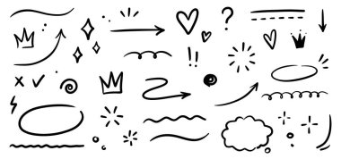 Sketch underline, emphasis, line shape set. Hand drawn swirl swoosh, love, speech bubble, underline element. Vector illustration.