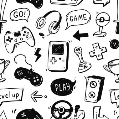 Video game hand drawn doodle seamless pattern. Video gamer console, joystick, controller element. Computer retro, arcade play background, wallpaper, pattern. Vector illustration.