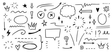 Çizim altı çizilmiş, vurgu yapılmış, ok şekli ayarlanmış. El çizimi fırça darbesi, vurgulama, konuşma balonu, altı çizili, parıltı elementi. Vektör illüstrasyonu.