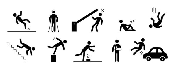 Accident pictogram man icon. Work safety, injury caution, hazard pictogram sign set. Warning, danger icon stick man vector illustration.