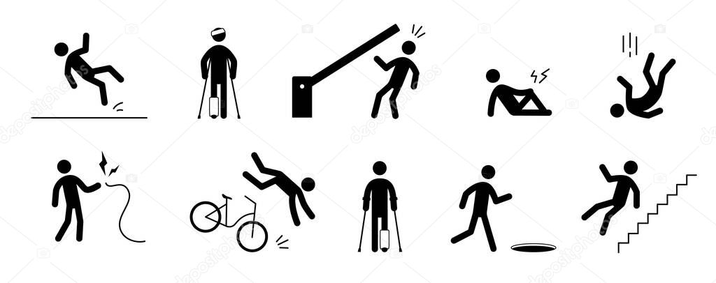 Accident pictogram man icon. Bike falling, injury leg, gate danger pictogram sign set. Warning, danger icon stick man vector illustration.