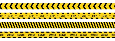 Dikkat, güvenlik bandı. Sarı, siyah şeritli tehlike bandı, tehlike şeridi. Polis, inşaat alanı pankartı, bariyer sembolü. Vektör illüstrasyonu.