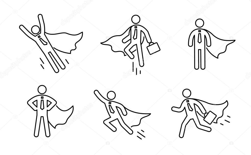 Superhero business pictogram man line icon set. Superhero businessman flying outline figure. Victory worker, employer pictogram person. Vector illustration.