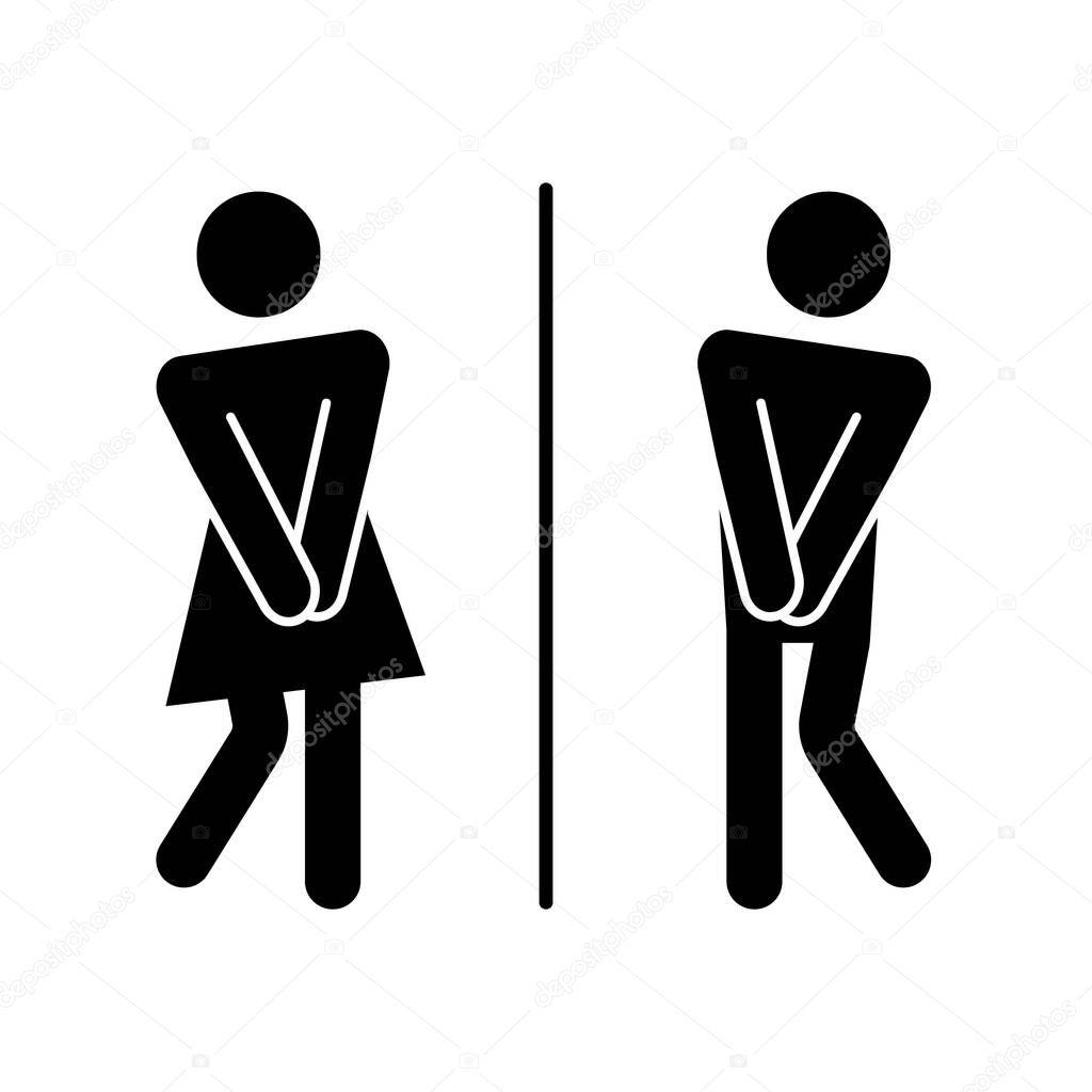 Wc toilet funny pictogram sign. Woman, man pictogram figure toilet, restroom, washroom wc sign. Humor, funny restroom door sticker. Vector illustration.