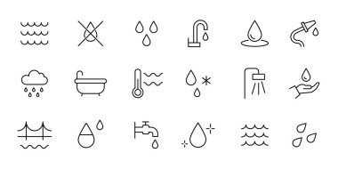 Su bırakma hattı simgesi ayarlandı. Deniz, okyanus, duş resmi. Düzenlenebilir ince çizgi halinde su ikonu. Vektör illüstrasyonu