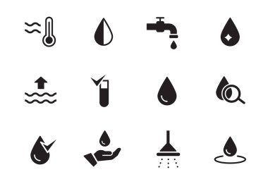 Su damlası ikon seti. Eko, geri dönüşüm suyu, deniz bakımı ikonu. Katı siyah şekil sembolü. Vektör illüstrasyonu.