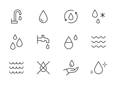 Su bırakma hattı simgesi ayarlandı. Deniz, okyanus, duş resmi. Düzenlenebilir ince çizgi halinde su ikonu. Vektör illüstrasyonu