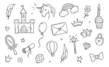 Hand drawn princess doodle set. Beauty cute girl princess accessories, fairy unicorn, castle. Doodle background. Vector illustration.