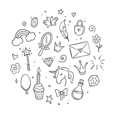 Hand drawn princess doodle set. Beauty cute girl princess accessories, fairy unicorn, castle. Doodle background. Vector illustration.