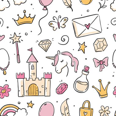 Hand drawn princess doodle seamless pattern. Beauty pattern with cute girl princess accessories, fairy unicorn, castle. Doodle background, wallpaper. Vector illustration.