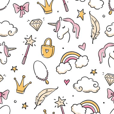 Hand drawn princess doodle seamless pattern. Beauty pattern with cute girl princess accessories, fairy unicorn, castle. Doodle background, wallpaper. Vector illustration.