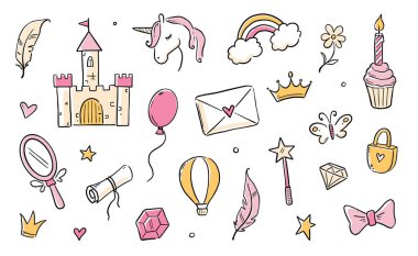 Hand drawn princess doodle set. Beauty cute girl princess accessories, fairy unicorn, castle. Doodle background. Vector illustration.