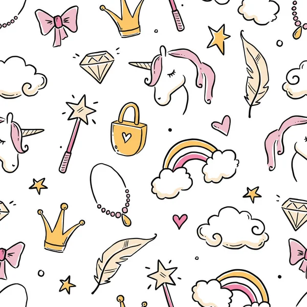 Hand drawn princess doodle seamless pattern. Beauty pattern with cute girl princess accessories, fairy unicorn, castle. Doodle background, wallpaper. Vector illustration.