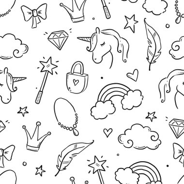 Hand drawn princess doodle seamless pattern. Beauty pattern with cute girl princess accessories, fairy unicorn, castle. Doodle background, wallpaper. Vector illustration.