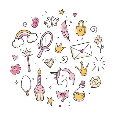 Hand drawn princess doodle set. Beauty cute girl princess accessories, fairy unicorn, castle. Doodle background. Vector illustration.