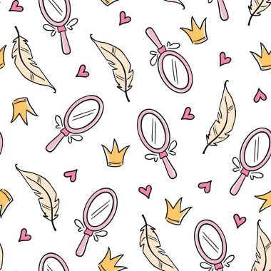 Hand drawn princess doodle seamless pattern. Beauty pattern with cute girl princess accessories, fairy unicorn, castle. Doodle background, wallpaper. Vector illustration.