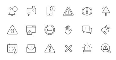 Alert, risk sign line icon set. Caution, warning, exclamation mark thin editable line stroke icon. Alert information, accident notification vector illustration.