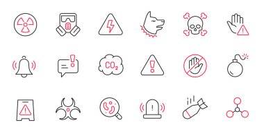 Danger warn attention icon set. Line alert, caution, chemical biohazard icon. Thin line editable stroke sign. Vector illustration.