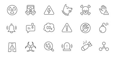 Danger warn attention icon set. Line alert, caution, chemical biohazard icon. Thin line editable stroke sign. Vector illustration.