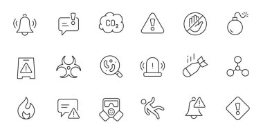 Danger biohazard line icon set. Fire danger, toxic, chemical radiation sign. Virus, bomb, gas mask alert symbol. Thin line editable stroke sign. Vector illustration.