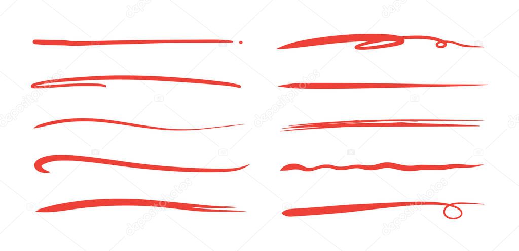 Red brush stroke underline. Marker pen highlight stroke. Vector swoosh brush underline set for accent, marker emphasis element..