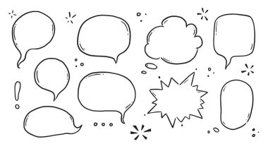 Hand drawn speech bubble set. Sketch comic doodle style speech bubble for text quote. Doodle outline dialog balloon. Vector illustration.