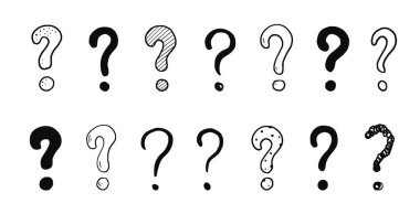 Doodle soru işareti ayarlandı. El çizimi taslak stili soru işareti, soru işareti. İzole vektör illüstrasyonu.