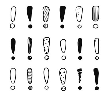 El çizimi ünlem işareti ayarlandı. Karalama karalama ünlem işareti işareti. Elle çizilmiş tehlike bilgisi işareti. Vektör illüstrasyonu.