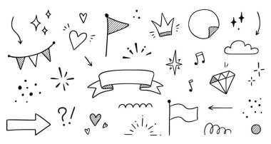 Çizgi çerçeve, ışıltı, kurdele el çizimi karalama elementi ayarlandı. Parti, dekorasyon yıldızı, kalp elementi çizim koleksiyonu. İzole vektör illüstrasyonu.