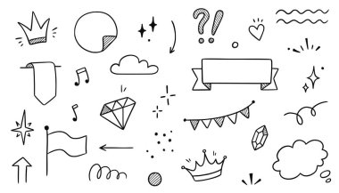 Çizgi çerçeve, ışıltı, kurdele el çizimi karalama elementi ayarlandı. Parti, dekorasyon yıldızı, kalp elementi çizim koleksiyonu. İzole vektör illüstrasyonu.