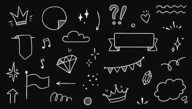 Çizgi çerçeve, ışıltı, kurdele el çizimi karalama tahtası ögesi seti. Parti, dekorasyon yıldızı, kalp elementi çizim koleksiyonu. İzole vektör illüstrasyonu.