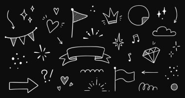 Çizgi çerçeve, ışıltı, kurdele el çizimi karalama tahtası ögesi seti. Parti, dekorasyon yıldızı, kalp elementi çizim koleksiyonu. İzole vektör illüstrasyonu.