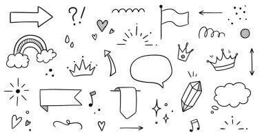 Çizgi çerçeve, ışıltı, kurdele el çizimi karalama elementi ayarlandı. Parti, dekorasyon yıldızı, kalp elementi çizim koleksiyonu. İzole vektör illüstrasyonu.