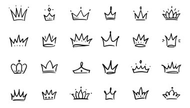 Doodle crown hand drawn set. Doodle princess crown, queen tiara. Line sketch royal element. Queen, king hand drawn simple design element. Isolated vector illustration.