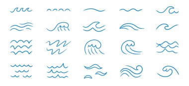 Wave sea line doodle icon set. Hand drawn sketch water wave outline. Simple curve, scribble aqua flow. Isolated vector illustration.