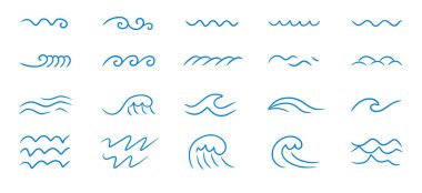 Wave sea line doodle icon set. Hand drawn sketch water wave outline. Simple curve, scribble aqua flow. Isolated vector illustration.